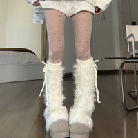 Women's Winter Plush Bowknot Leg Warmers Faux Mink Velvet Japanese Sweet Cool Stacked Socks
