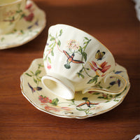 Vintage Floral Bird Coffee Cup and Saucer Set with Gold Trim, Ceramic Afternoon Tea Mug