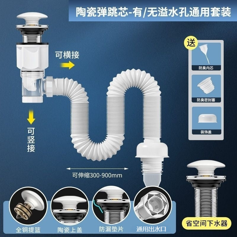 Universal Odor-Proof Drain Pipe Kit for Bathroom Sink with Ceramic Pop-Up Drain