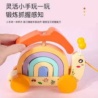 Wooden Pull-Along Snail Rainbow Stacking Blocks Toy for Toddlers