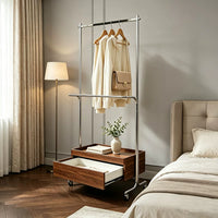 Stainless Steel Garment Rack with Wooden Cabinet/Drawer, Rolling Clothes Hanger for Bedroom