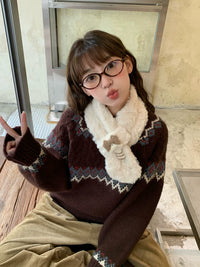 Japanese Style Cute Cartoon Cat Plush Cross Scarf for Women, Winter Warm Neck Warmer