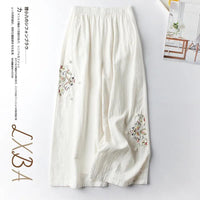 Women's Cotton Linen Embroidered Wide-Leg Cropped Pants