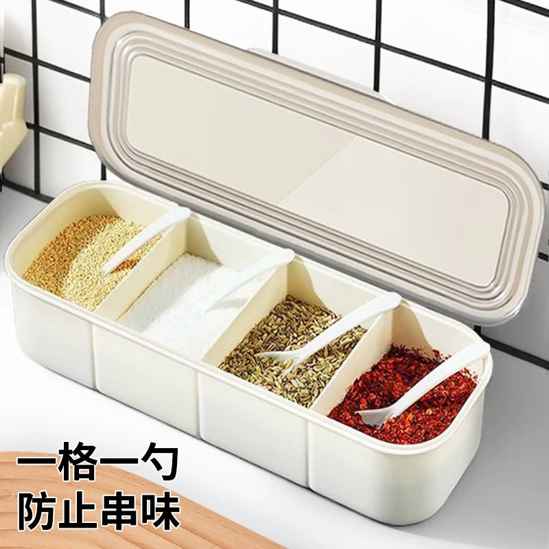 Multi-Compartment Seasoning Box with Spoons, Moisture-Proof Spice Container for Kitchen
