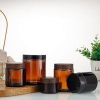 Frosted Brown Glass Cream Jar with Wood Grain Lid, Portable Refillable Cosmetic Container for Travel