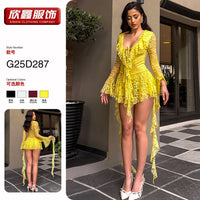 Women's Lace Bodysuit with Flared Sleeves and Deep V-Neck Mini Skirt Set