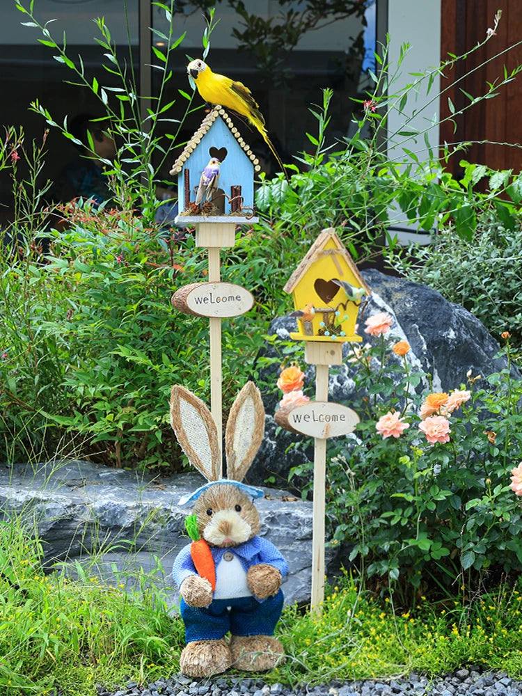 Garden Yard Decoration Wooden Birdhouse Stake Outdoor Landscape Ornament for Balcony Kindergarten
