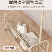 Freestanding Double Rod Garment Rack with Storage Basket