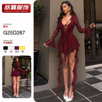Women's Lace Bodysuit with Flared Sleeves and Deep V-Neck Mini Skirt Set
