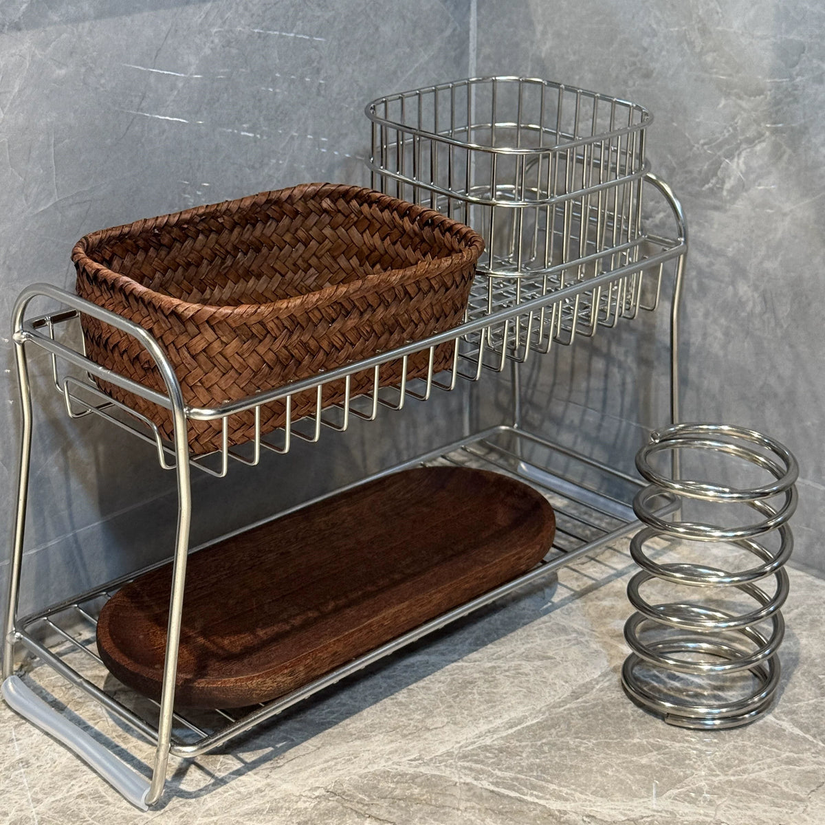Stainless Steel Bathroom Countertop Storage Basket for Cosmetics and Toiletries