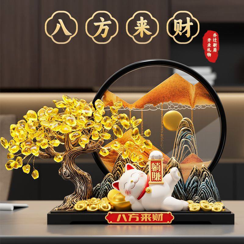 Lucky Cat Quicksand Art Ornament for Office and Home Decor, Prosperity Gift