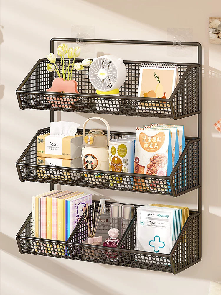 Multi-functional Wall-Mounted Storage Shelf for Dorms & Bathrooms - No-Drill Organizer with Multi-Layer Hanging Basket