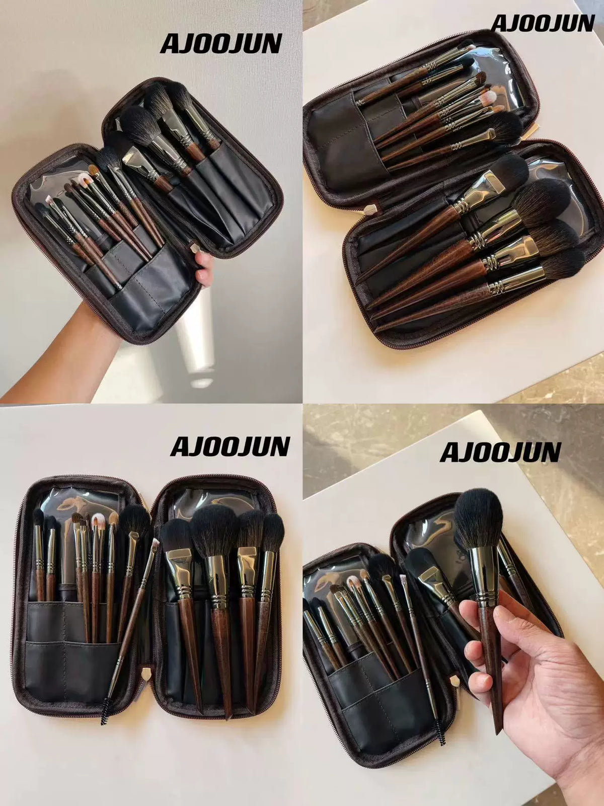 15-Piece Professional Animal Hair Makeup Brush Set with Wooden Handles and PU Zipper Bag