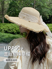 French Style Wide Brim Straw Sun Hat with Lace Tie for Beach Vacation