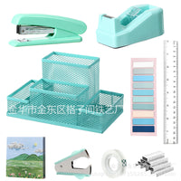 Macaron Color Desktop Office Stationery Set with Metal Pen Holder, Stapler, and Tape Dispenser