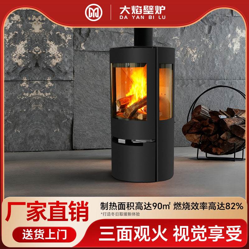 Large Flame Wood Burning Fireplace Stove for Home and Villa Heating, Three-Sided Viewing