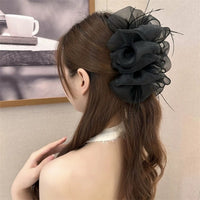 Cloud Bubble Mesh Hair Clip with Feather Decoration, Sweet Korean Style Winter Hair Accessories