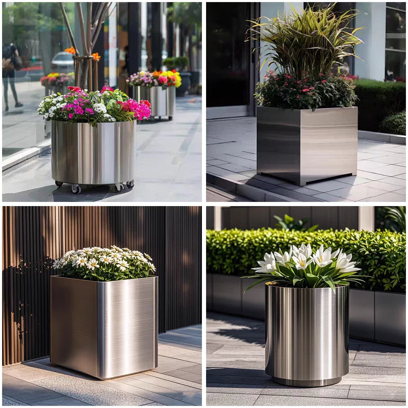 Outdoor Stainless Steel Planter Box with Wheels - Movable Garden Flower Pot, Round/Irregular Shapes