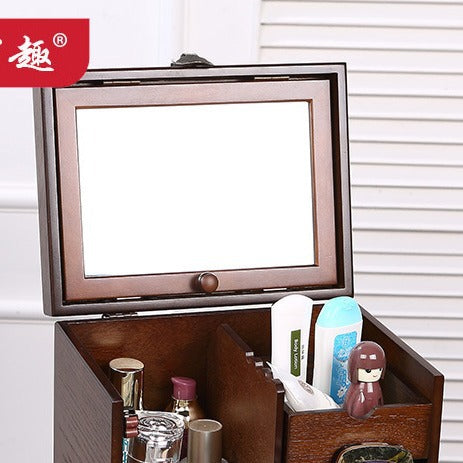 Wooden Cosmetic Jewelry Box with Mirror, European Style Portable Large Makeup Storage Case
