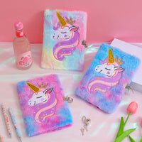 Kids Plush Unicorn Diary with Lock, Cartoon Notebook for Girls, Students, and Kindergarten Gifts