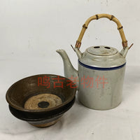 Vintage Folk Art Teapot and Ceramic Bowl Set - 1960s Retro Decorative Ornaments