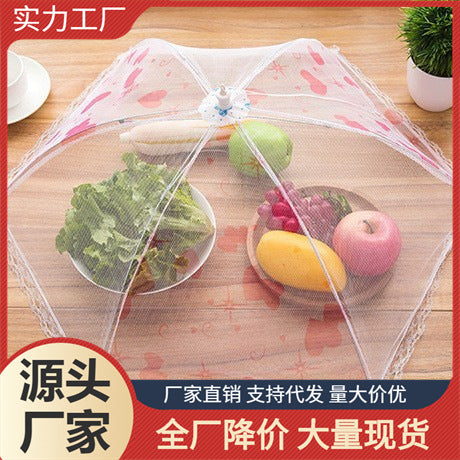 Foldable Hexagonal Food Cover Tent for Dining Table - Dust and Insect Proof Mesh with Lace Trim