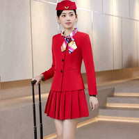 Women's Red Long Sleeve Band Uniform Suit with Pleated Skirt for Stage Performance