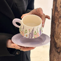 Ceramic Coffee Mug with Saucer and Spoon, Elegant Office Tea Cup, Birthday Gift for Women