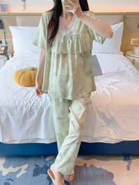 Women's Cotton Rayon Ruffle Pajama Set Short Sleeve Top and Shorts for Summer