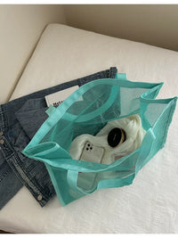 Mesh Beach Tote Bag with Letter Print, Large Capacity Transparent Shopping Swim Bag