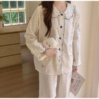 Women's Floral Doll Collar Pajama Set Long Sleeve Cotton Sweet Princess Style Homewear