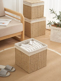 Handwoven Straw Storage Basket with Lid for Laundry, Snacks, and Home Organization