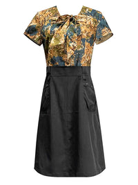 Women's Mid-Length Black Short Sleeve A-Line Dress with Bowknot Detail