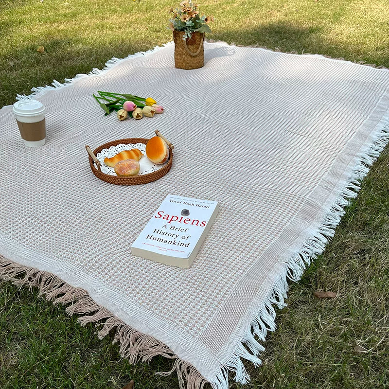 French Style Outdoor Picnic Blanket with Tassels, Thickened Double-Sided Camping Mat for Photography