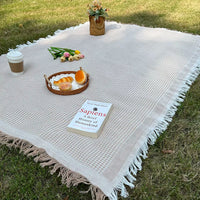 French Style Outdoor Picnic Blanket with Tassels, Thickened Double-Sided Camping Mat for Photography