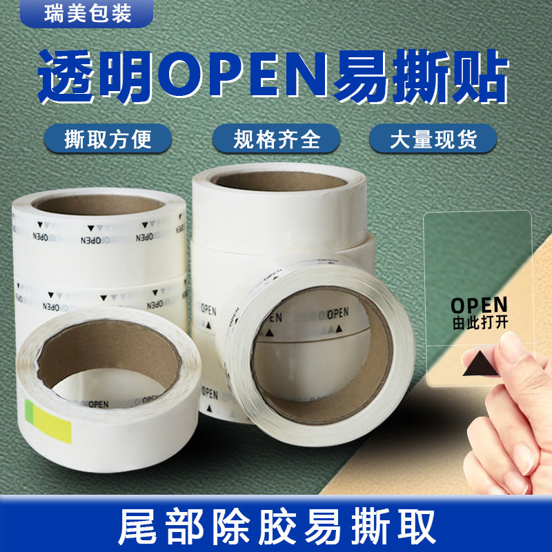 Transparent Easy-Tear OPEN Arrow Label Stickers for Packaging