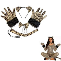 Leopard Print Cat Ear Headband Tail Gloves Set for Halloween Cosplay Party