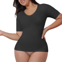 Women's V-Neck Slimming T-Shirt with Waist Cinch, Short Sleeve Body Shaper Undershirt