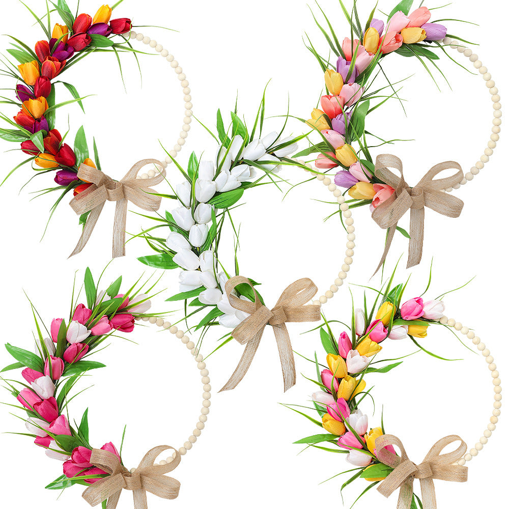 2026 New Spring Easter Wreath with Wooden Beads and Artificial Tulips for Door Decoration