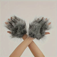 Plush Wolf Paw Gloves and Hat Set for Halloween Cosplay