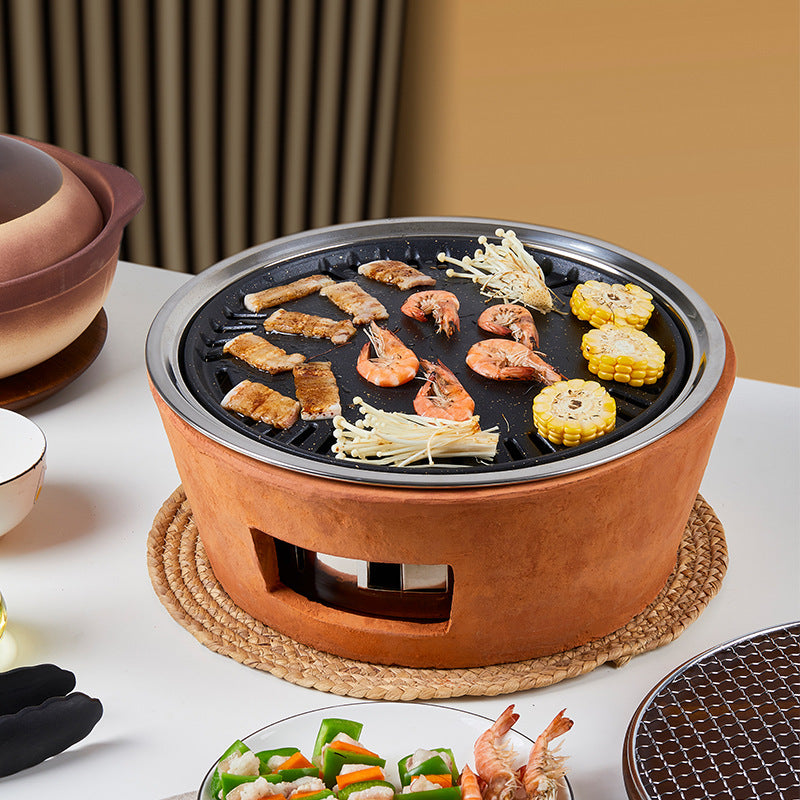 Korean Style Charcoal BBQ Grill for Home and Outdoor Use - Smokeless Round Grill Pan for Skewers and Roasting