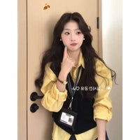 Korean Style Autumn Outfit Yellow Long Sleeve Shirt and Knit Vest Two-Piece Set