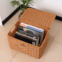 Woven Rattan Large Capacity Storage Box with Lid for Home Organization