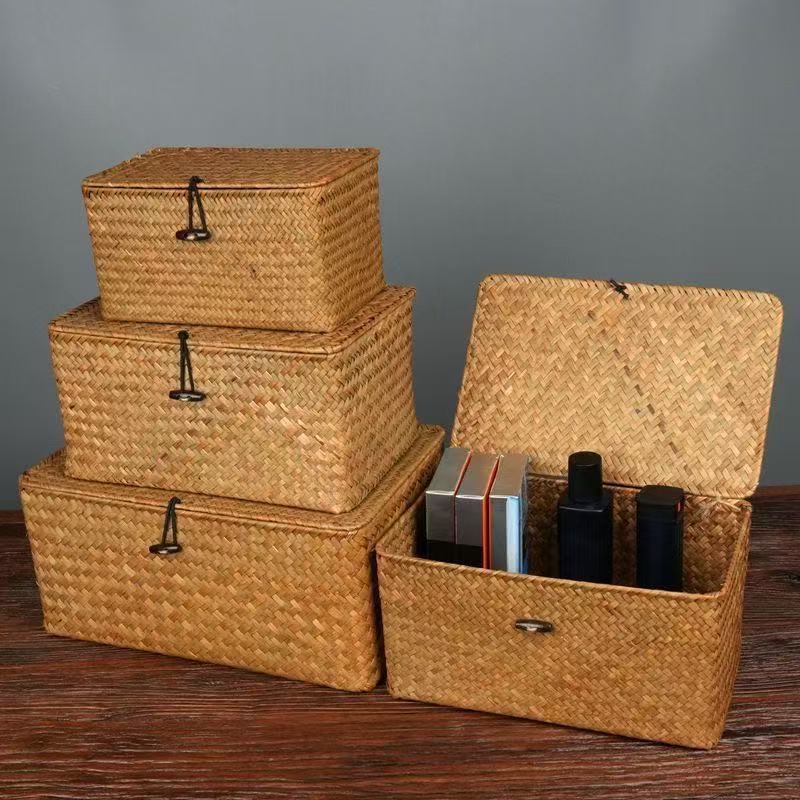 Handwoven Seagrass Storage Box with Lid for Desktop Organization and Home Decor