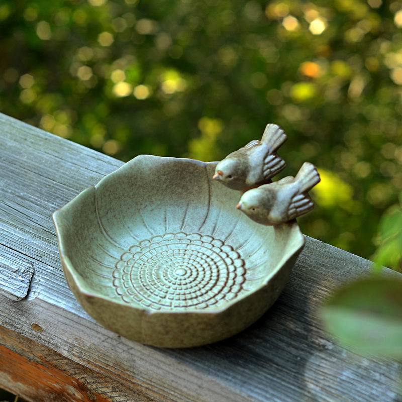 European Style Ceramic Bird Feeder & Bath for Outdoor Garden, Vintage Finish
