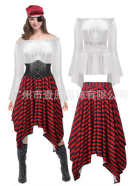 Women's Halloween Pirate Cosplay Costume Set Off-Shoulder Top & Irregular Skirt