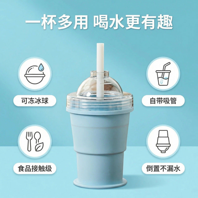 Portable Silicone Ice Ball Maker Bottle with Straw, Foldable Ice Cube Mold Water Bottle for Summer Drinks