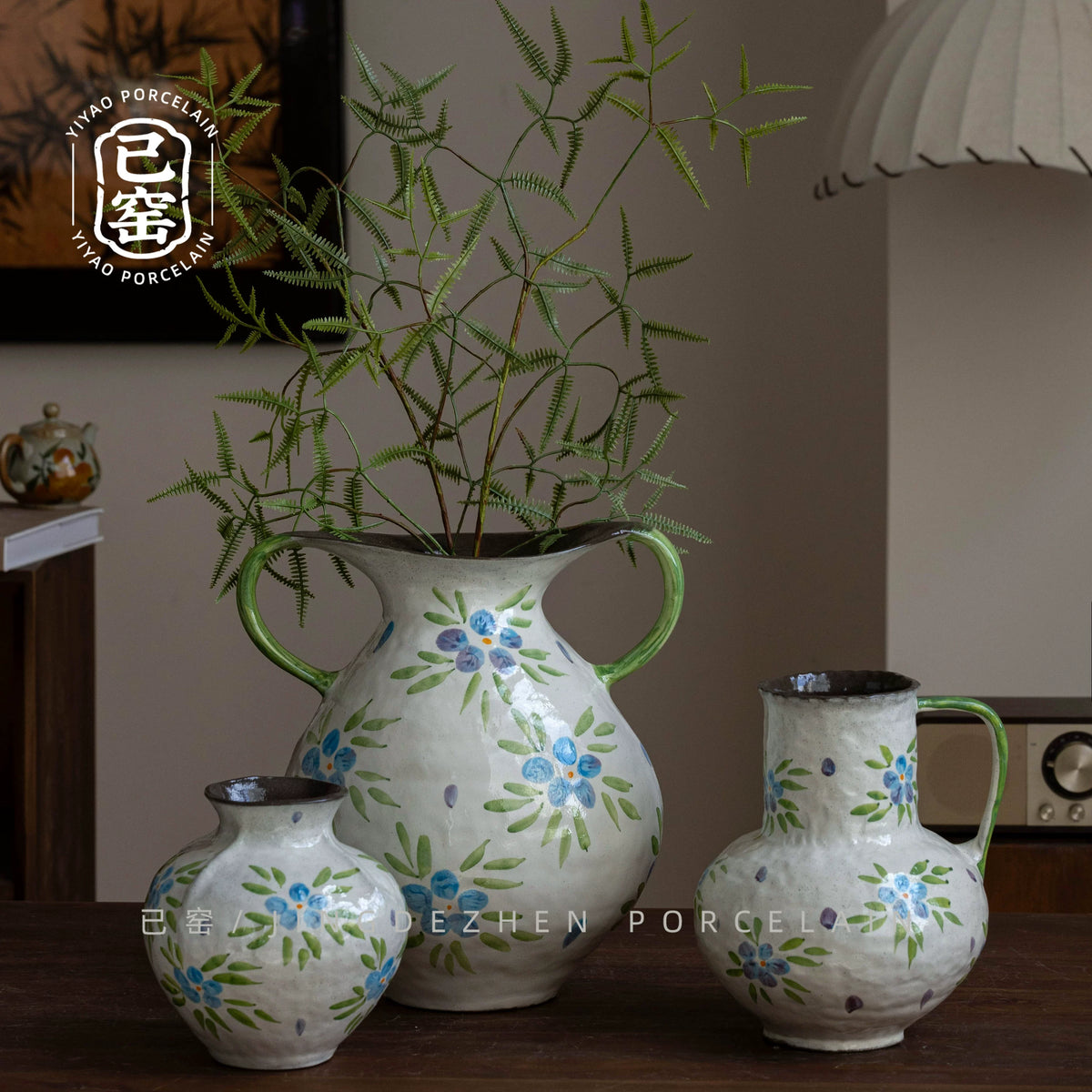 Jingdezhen Ceramic Vase with Double Handles for Dried or Fresh Flowers, New Chinese Style Living Room Entrance Home Decor