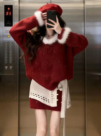 Women's Red Knit Sweater Three-Piece Set with Skirt for New Year Celebrations