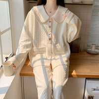 Women's Cotton Quilted Pajama Set, Long Sleeve, Long Pants, Doll Collar, Sweet Homewear